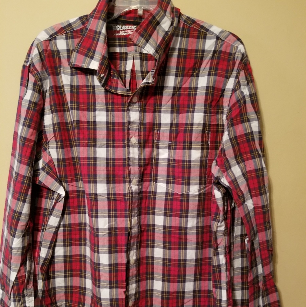 Men's red button down shirt.